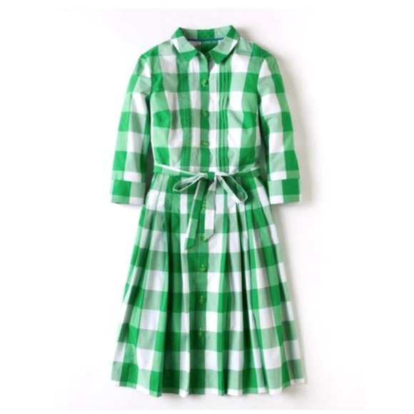 Boden Dresses & Skirts - Boden Shirt Dress Womens 8 Green Gingham Pintuck Pleated Belted Cotton Preppy